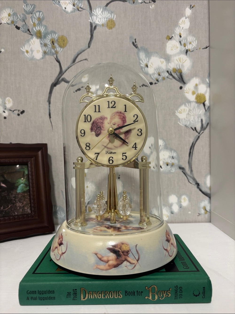 WALTHAM Cupid Angel Cherub Glass Dome Anniversary Table Clock Chimes